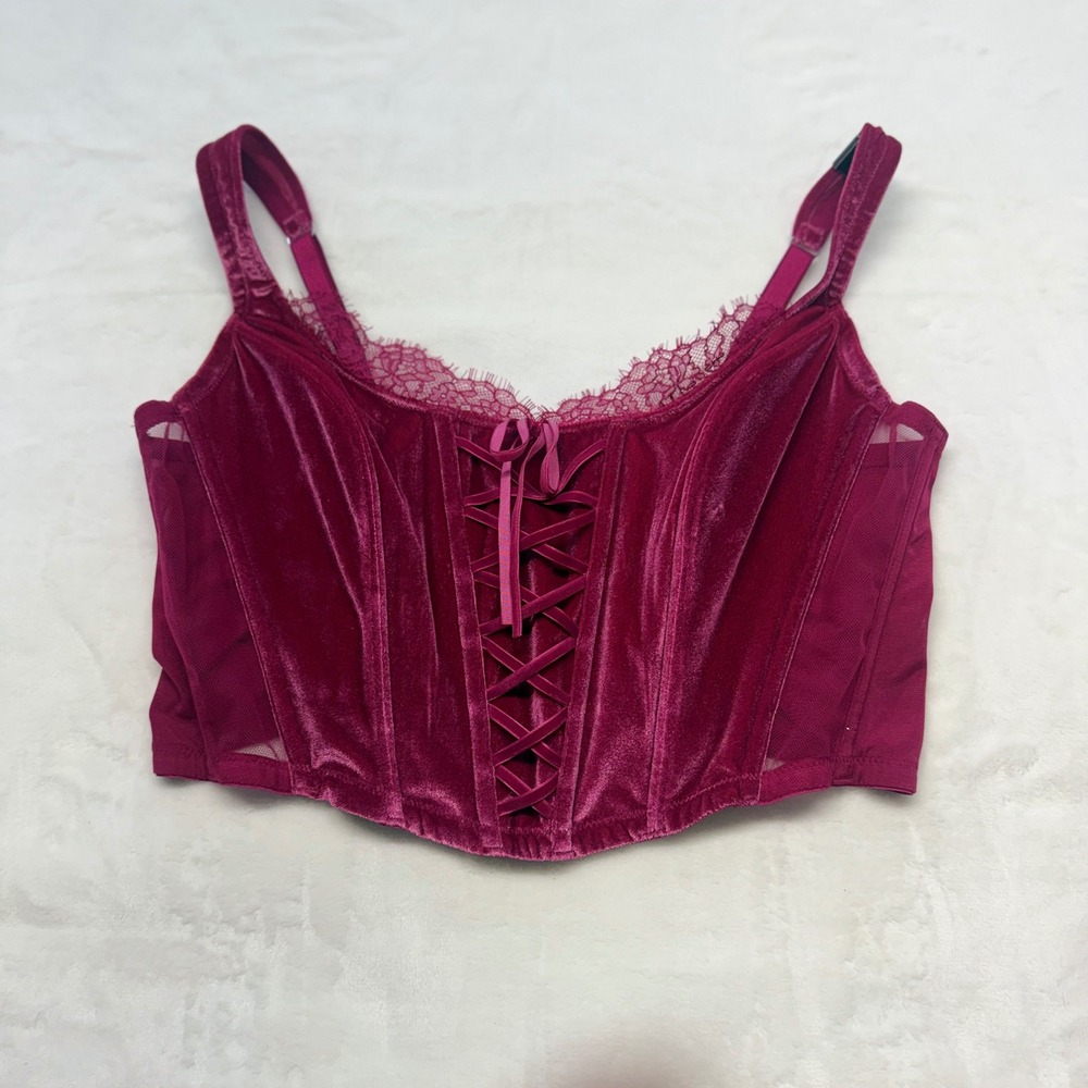 Victoria's Secret XL Dream Angels Unlined Lace Up Velvet Corset Top Magenta NWTs